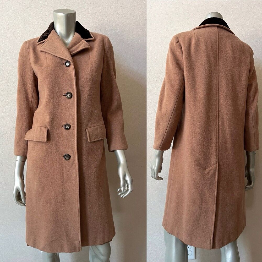 VTG  40s 50s Camel Hair Wool Coat XS Velvet Collar Tan Schuster Womens Overcoat